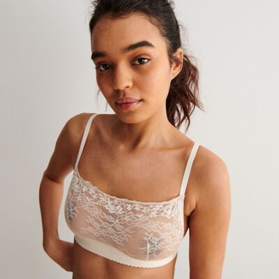 non-underwired bra with floral lace - ecru;