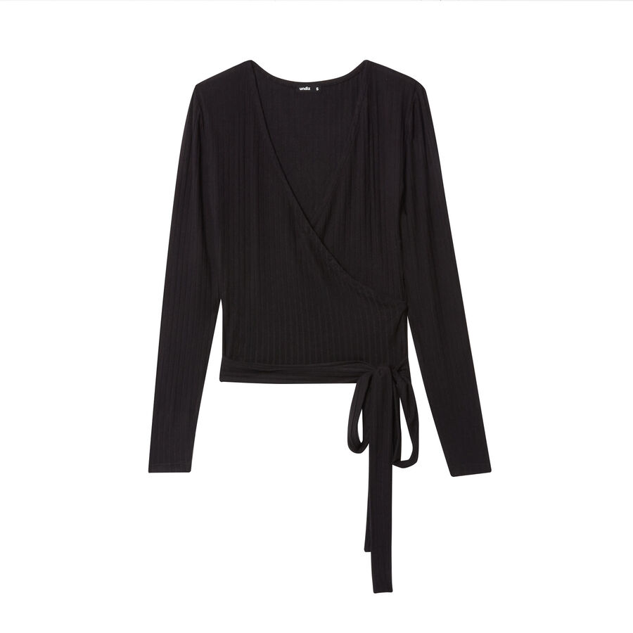 knit wrap top with bow - black;