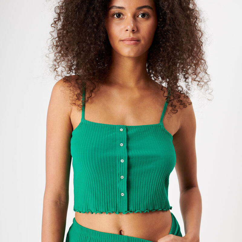 spaghetti strap top with false buttons;
