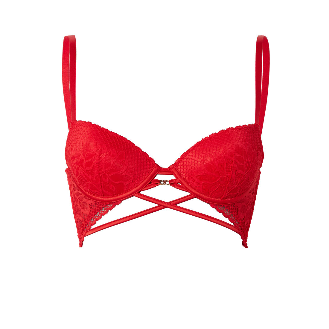 lace push-up bustier bra with ties and ring details - red;