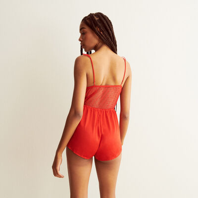 Swiss dot lace and satin playsuit - red;