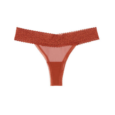 plain lace v-shape thong with leopard print - brown;