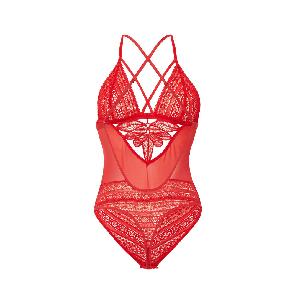 Floral lace and mesh bodysuit - red red.