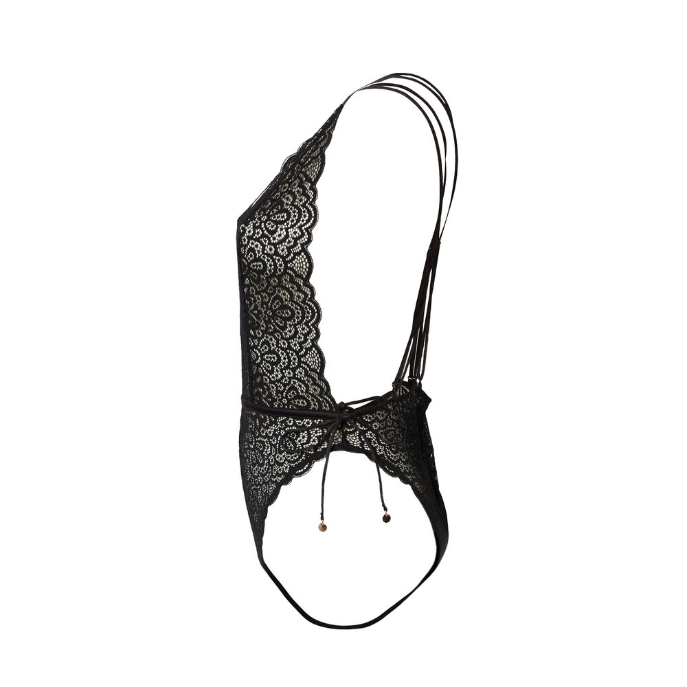 Pretty back 100% lace body thong - black black.