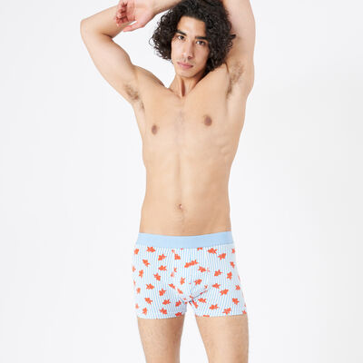 striped boxers with red fish pattern;