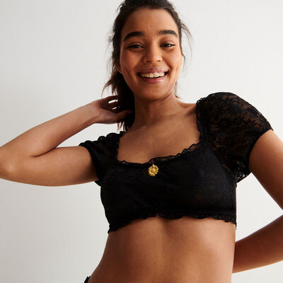 bralette with short lace sleeves and jewel detail - black;