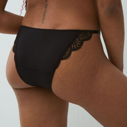 high-cut tanga period pants with floral lace and recycled microfibre;