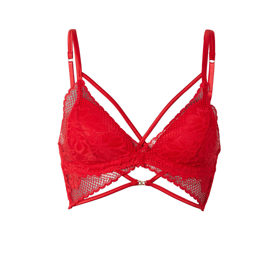 lace triangle push-up bra without underwiring with ties and ring details - red;