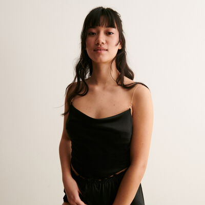 satin top with chain straps - black;