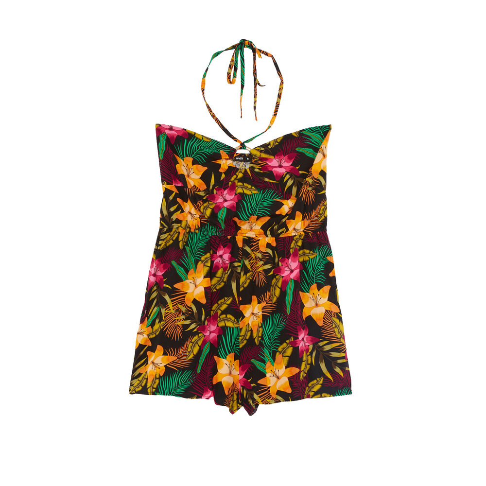 Tiaré flower print playsuit with ring detail - black black.