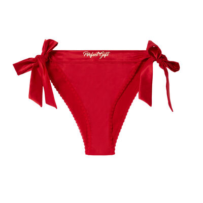 satin tanga with "perfect gift" print and side bows - red;