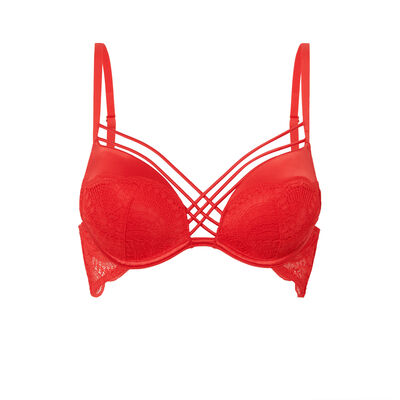 Lace push-up bra with satin straps - red;