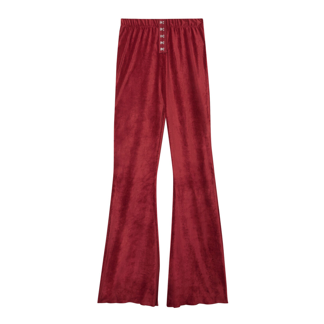rozszerzane spodnie ze sztruksu z haftkami — kolor bordo;