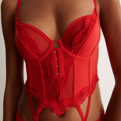 padded lace basque with suspenders - red;