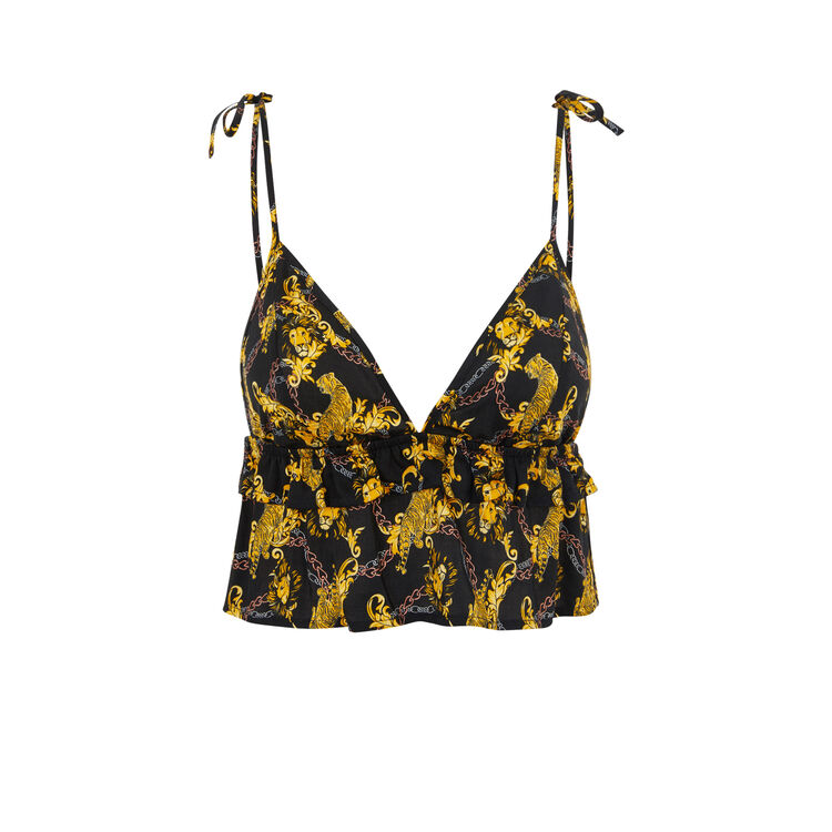 Jimaprintiz print short satin top with knot closure black.