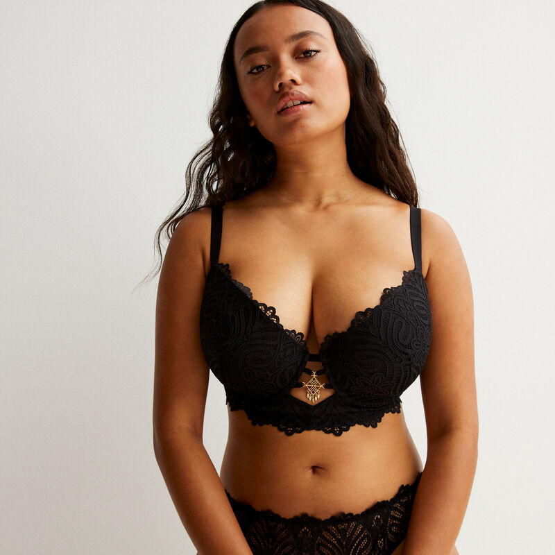 Jewel detail lace bustier push-up bra - black Jewel detail lace bustier push-up bra - black;