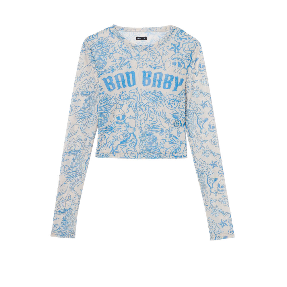 Long-sleeved top with bad babe tattoo style - nude beige.