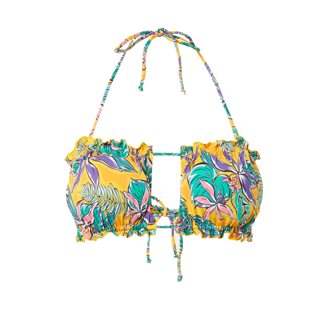 bandeau bikini top with frilly edges and flower motifs - yellow;