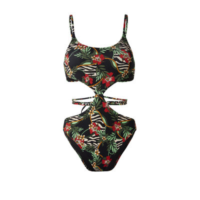 tropical print one-piece swimsuit - black;