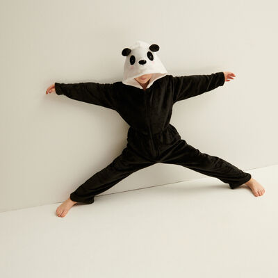 kids fleece playsuit with panda hood - black;