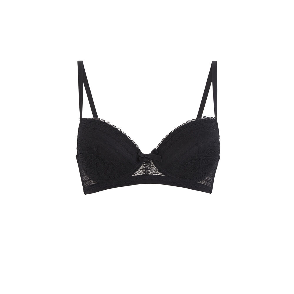 Padded lace bra with bow detail - black black.