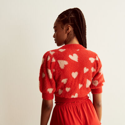 crop cardigan gilet with heart patterns - red;