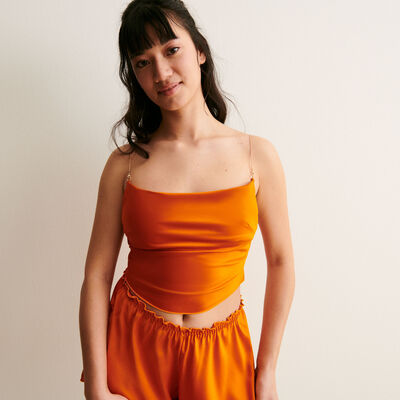 satin top with chain straps - ochre;