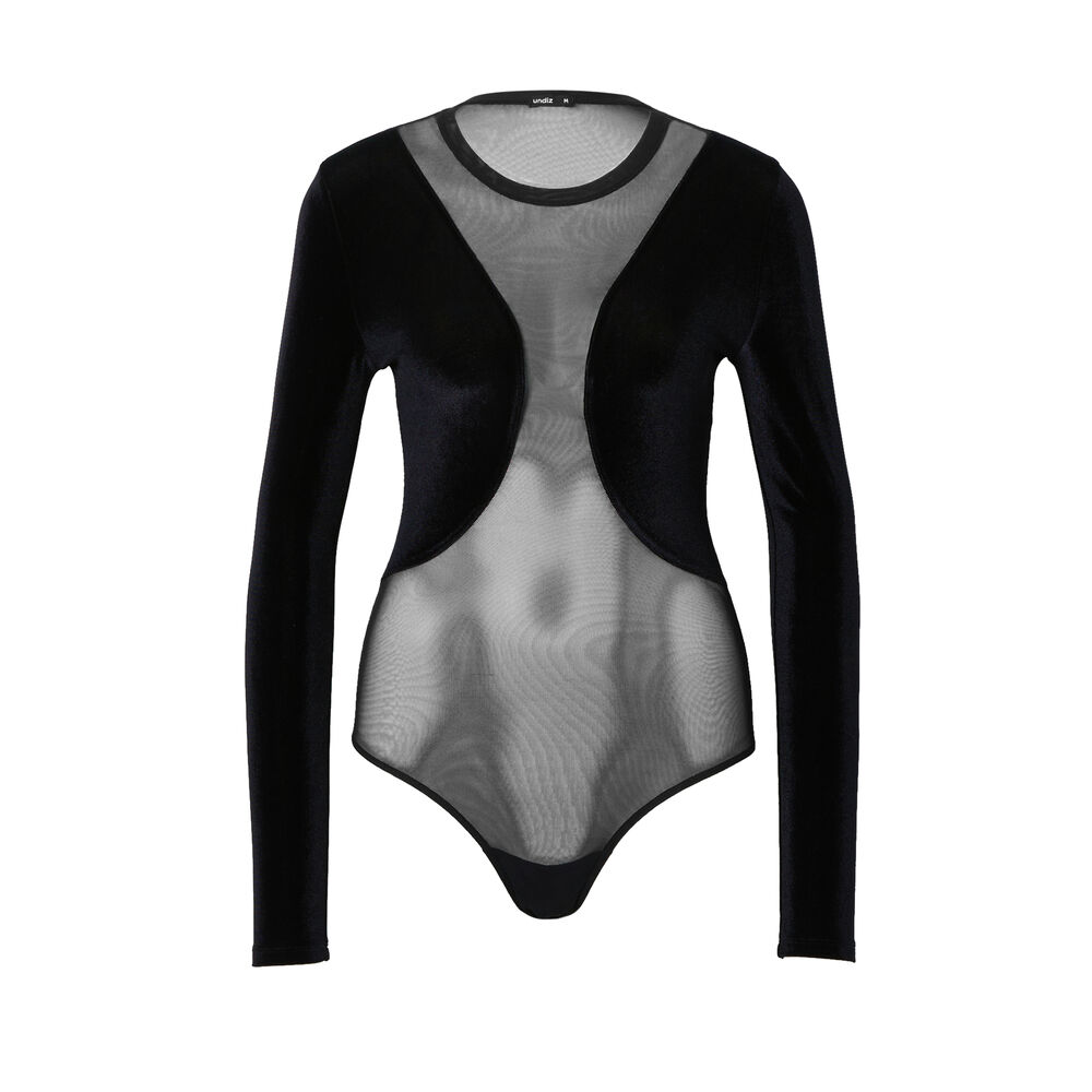 Long-sleeved bodysuit with mesh and velvet - black black.