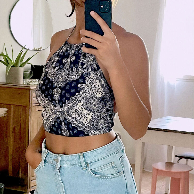 top with patterned satin details at the back - blue top with patterned satin details at the back - blue;