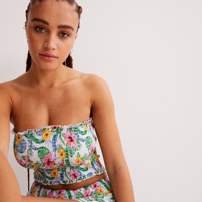 Gathered bandeau top with floral print - off-white Gathered bandeau top with floral print - off-white;