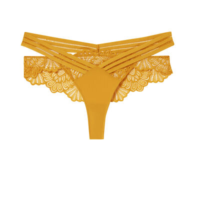 openwork lace insert thong - ochre yellow;