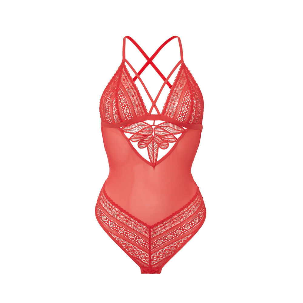 Floral lace and mesh bodysuit - red red.