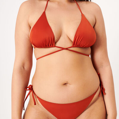 shiny triangle bikini top with ties - brick red;