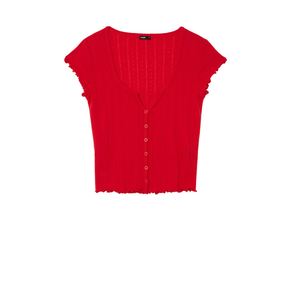 Short-sleeved pointelle knit top - red red.