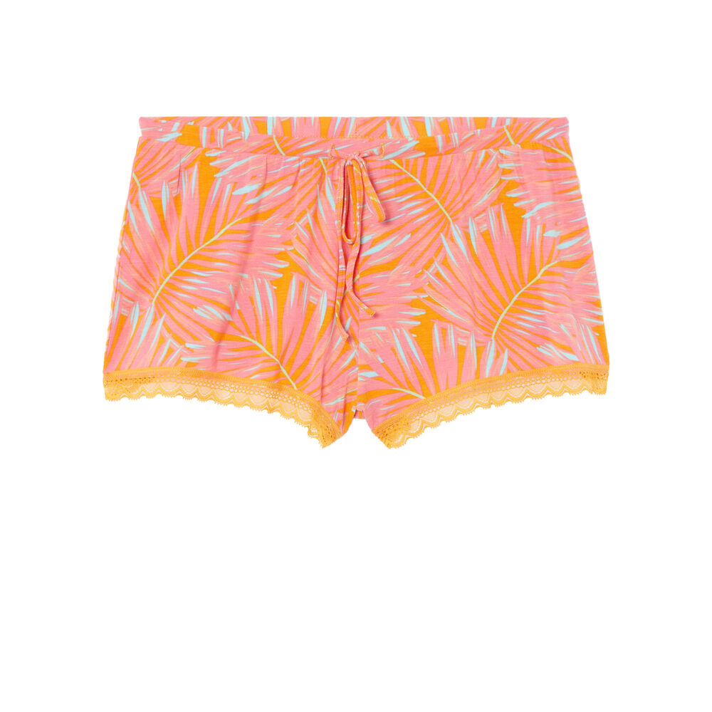Tropical print jersey shorts - mango orange.