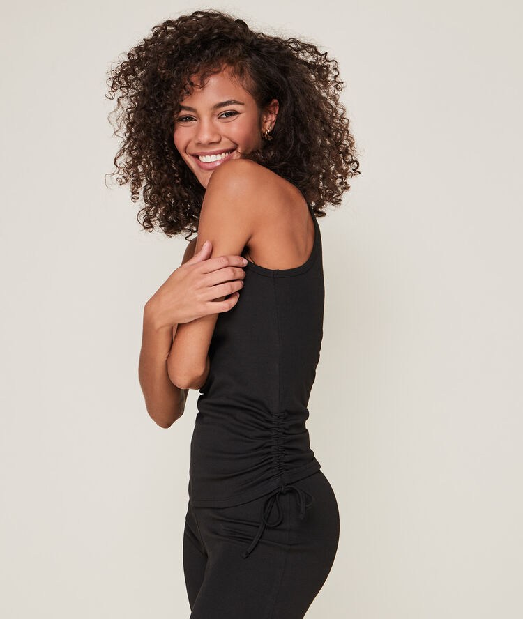 Sidedrawstiz plain jersey vest top black.