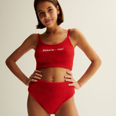 "déballe-moi" ("unwrap me") fleece crop top and high-waisted knickers set - red;