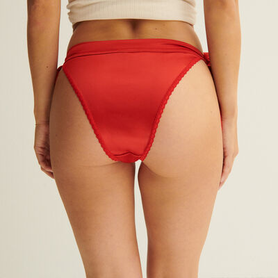 satin tanga with "perfect gift" print and side bows - red;