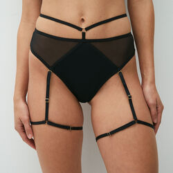 high-waisted tanga briefs in recycled micro-mesh and suspender belt