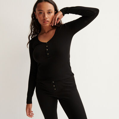 Ribbed top with V-neck and buttons - black;