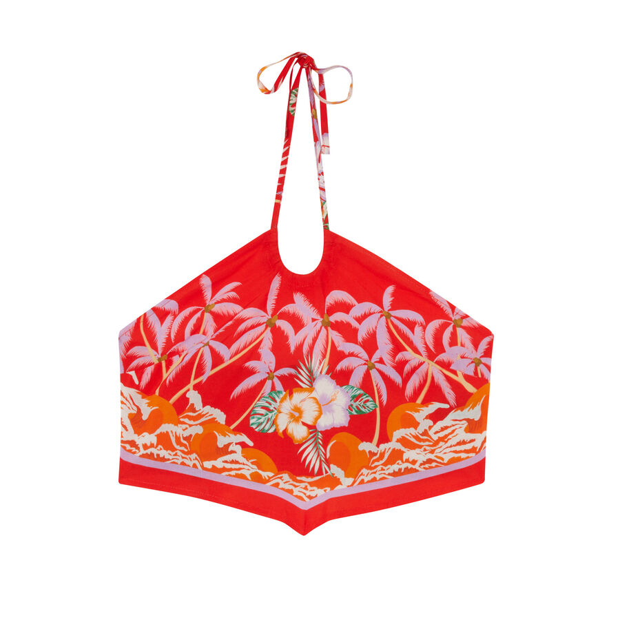 Backless satin top with tropical flowers patterns - red;