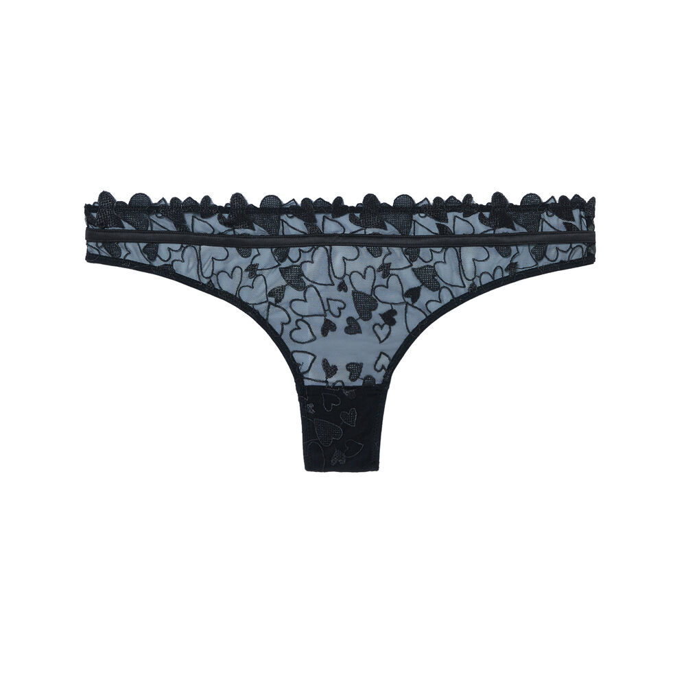 Lace tanga briefs with heart and ties - black black.