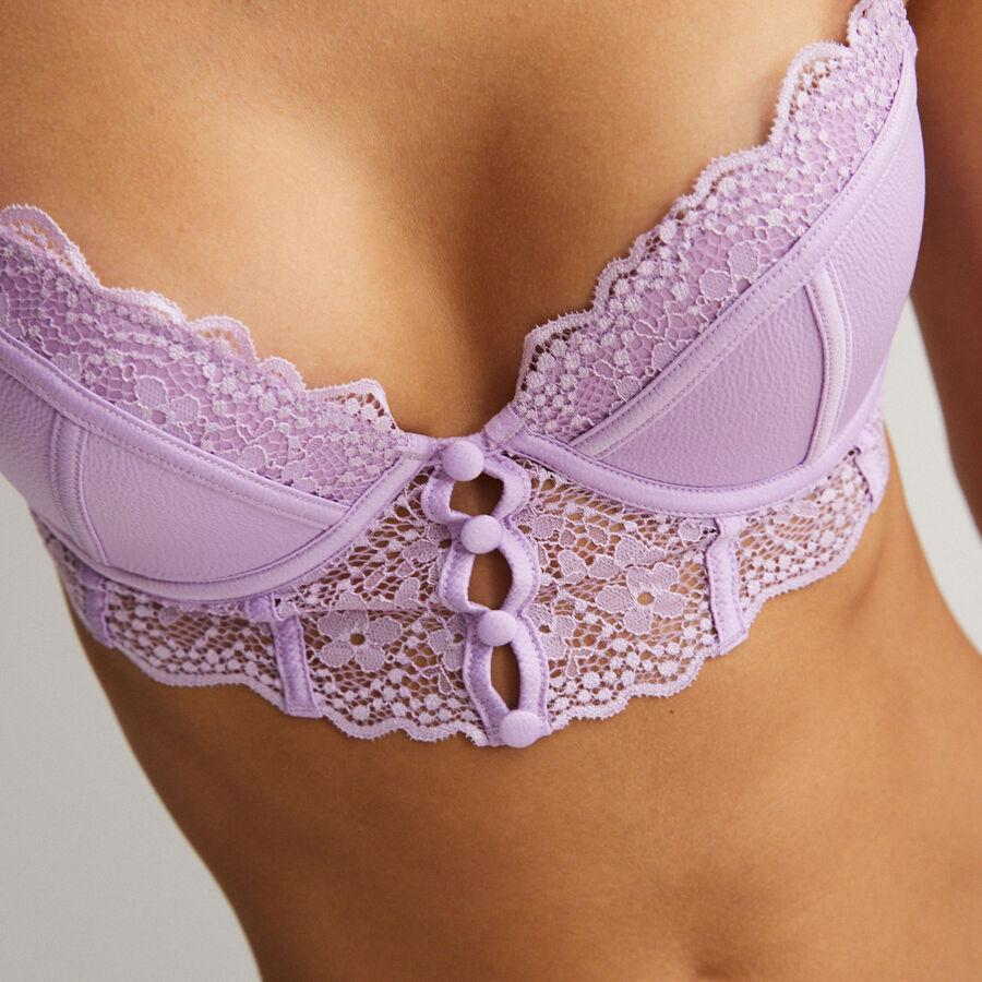 textured push-up bra with button details - lilac;