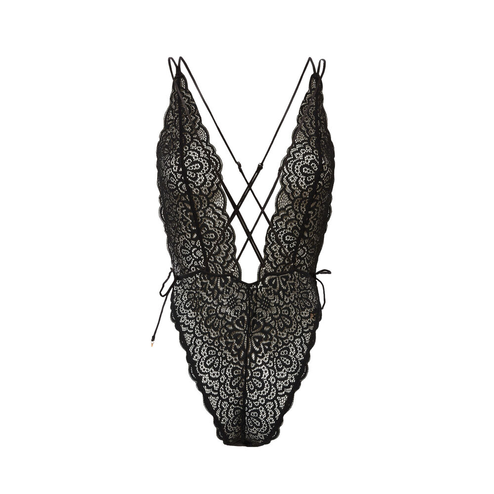 Pretty back 100% lace body thong - black black.