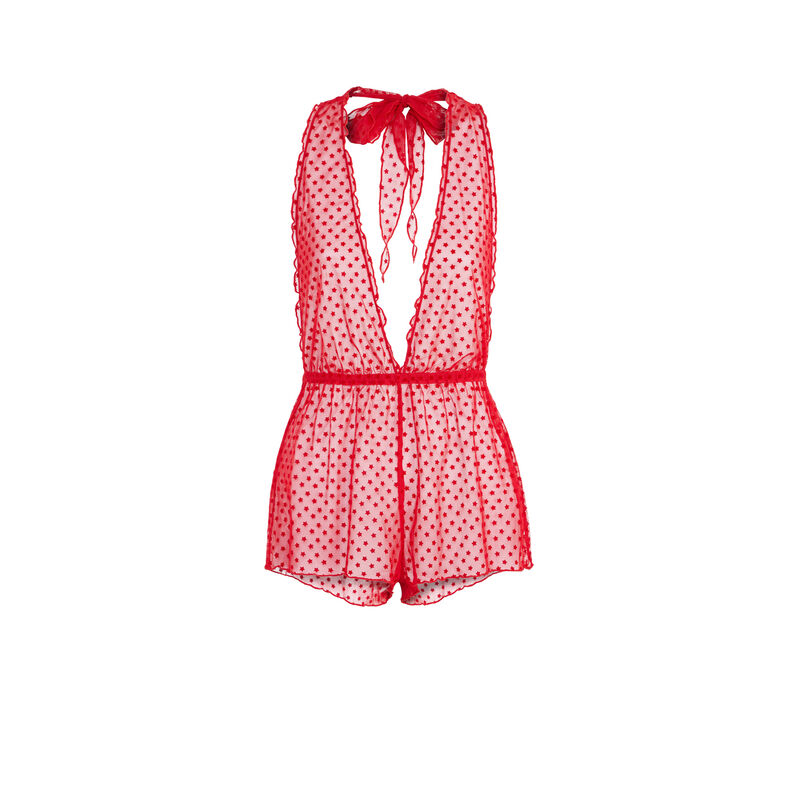 Combinaison-short en tulle transparent flounciz rouge.