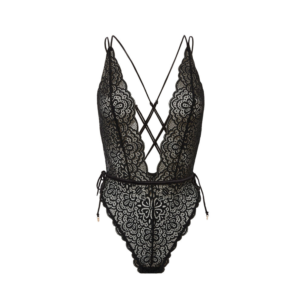 Pretty back 100% lace body thong - black black.