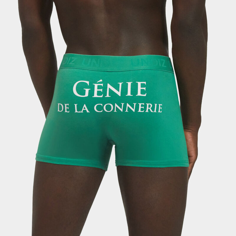 boxer shorts with message "génie de la connerie";