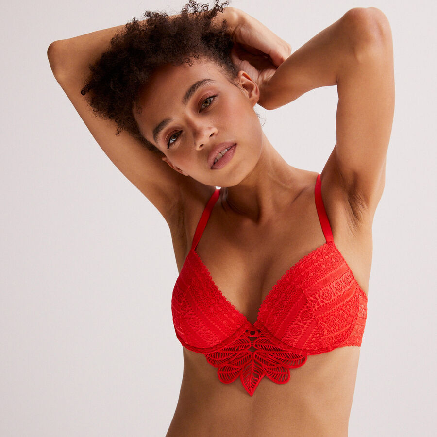 floral lace push-up bra - red ;