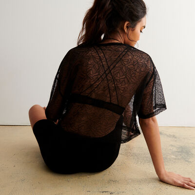 sheer tee with foliage pattern - black;