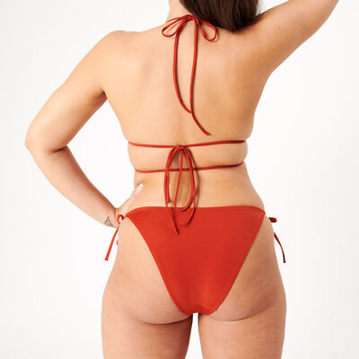 shiny triangle bikini top with ties - brick red;